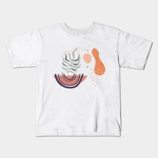 Abstract shapes lines and tropical leaves digital design Kids T-Shirt